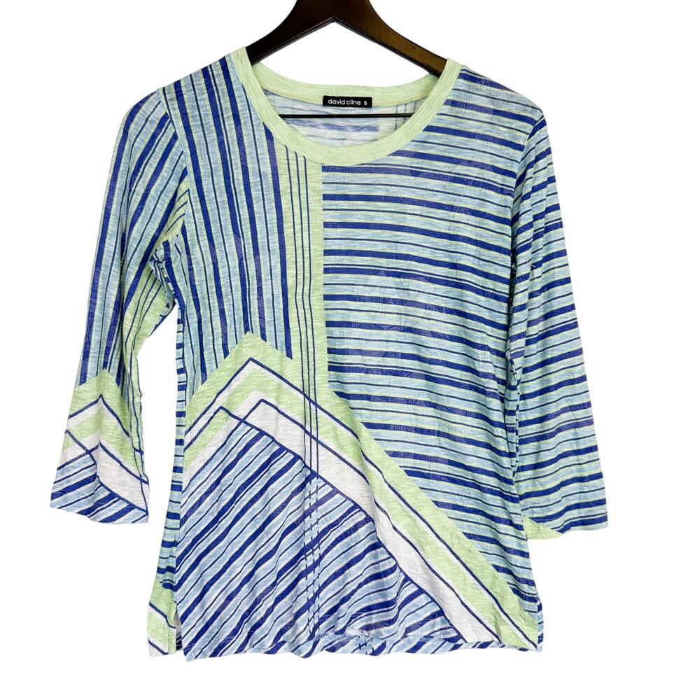David Cline Blue Green Stripe Top Shirt 3/4 Sleeve - S